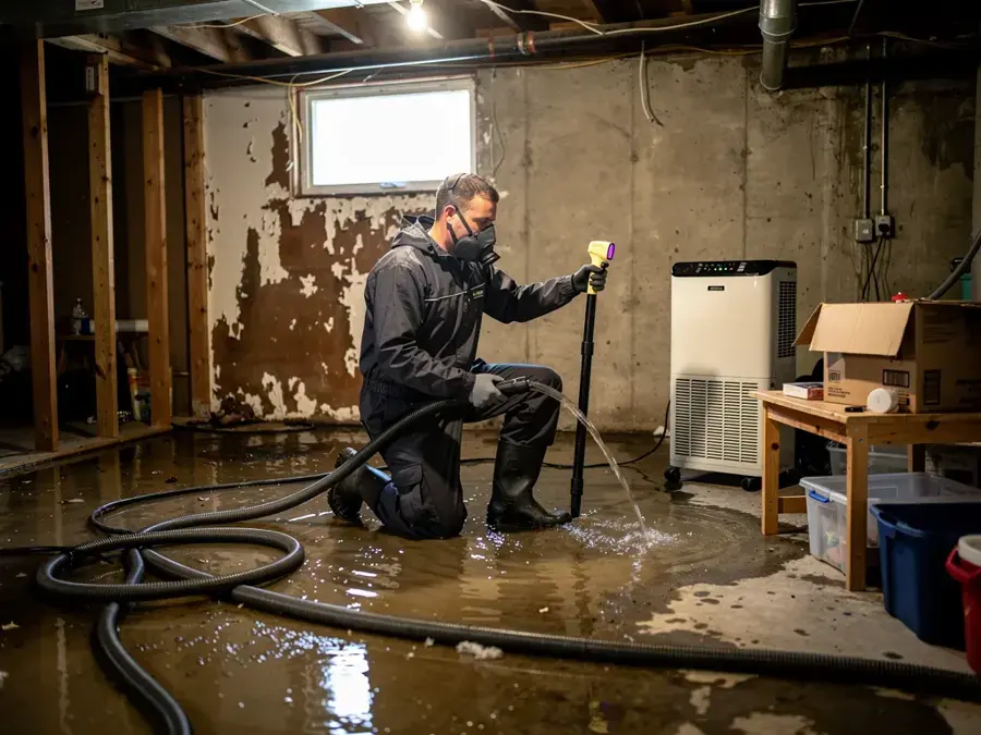Restoration tech extracting water in a flooded Rochester basement