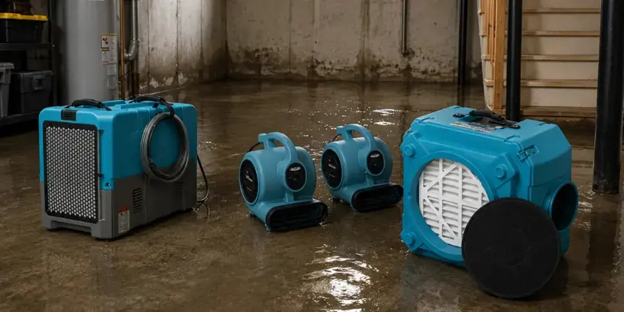 Dehumidifier and air movers drying a wet basement floor in Rochester, MN