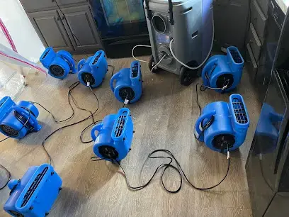 A ring of air movers drying a wood floor after a water loss in Rochester