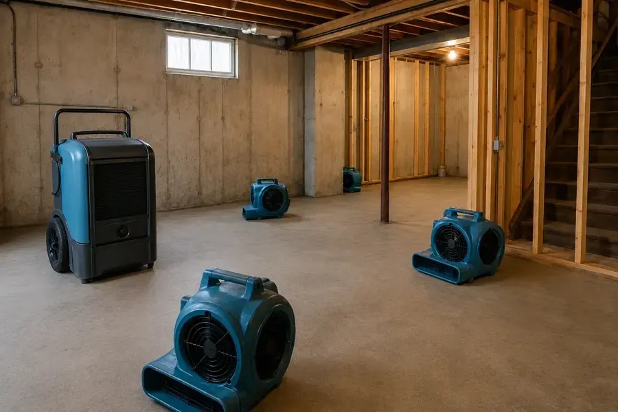 Drying equipment running in an unfinished Rochester basement