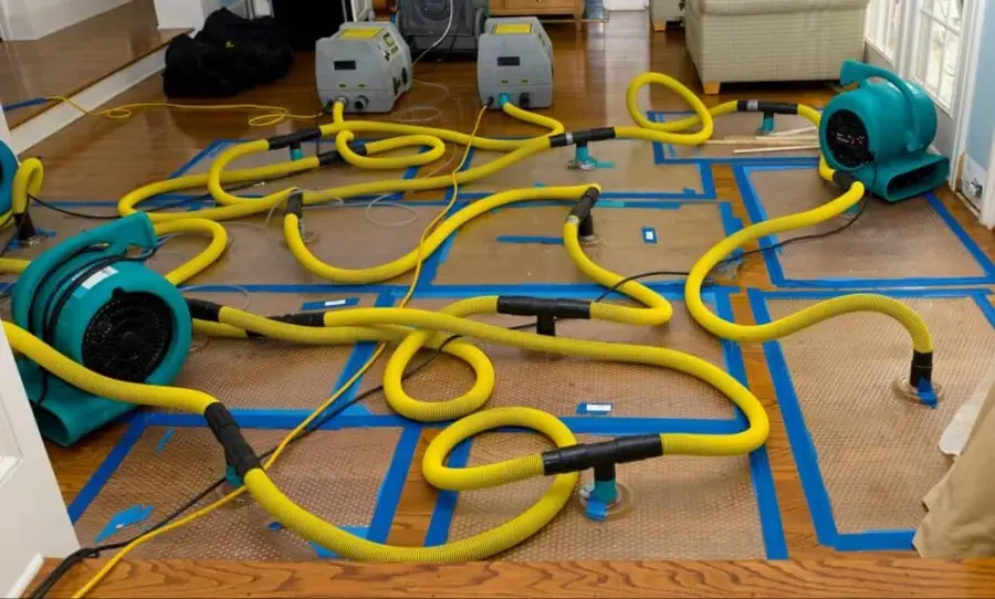 Hardwood floor drying mats and hoses set up in a Rochester home