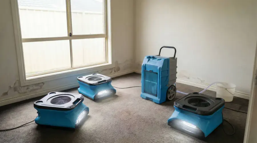 Low-profile air movers and an LGR dehumidifier in a Rochester room