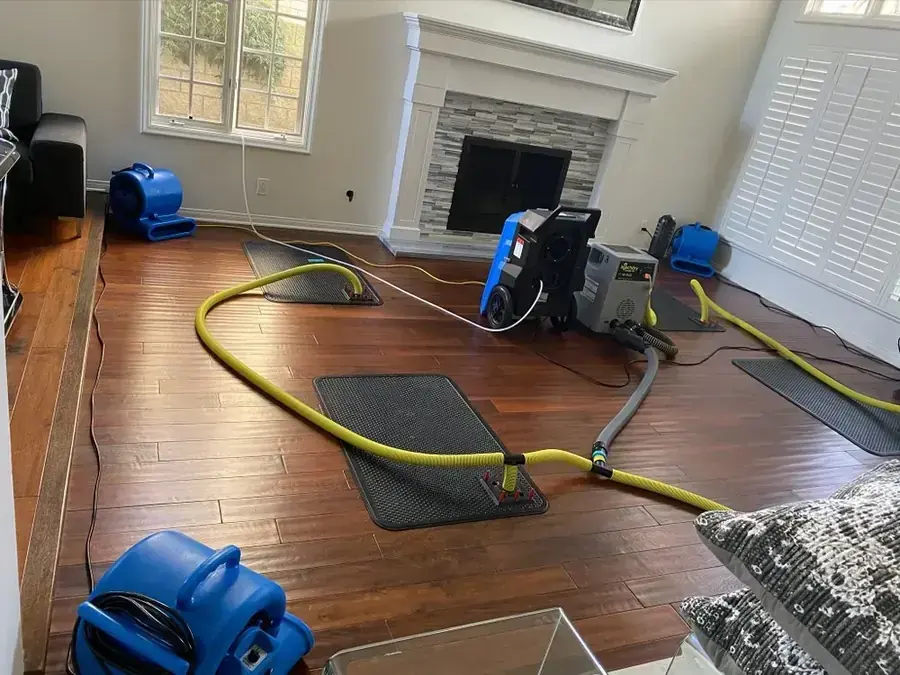 Drying mats, hoses and air movers set up on a hardwood living room floor in Rochester