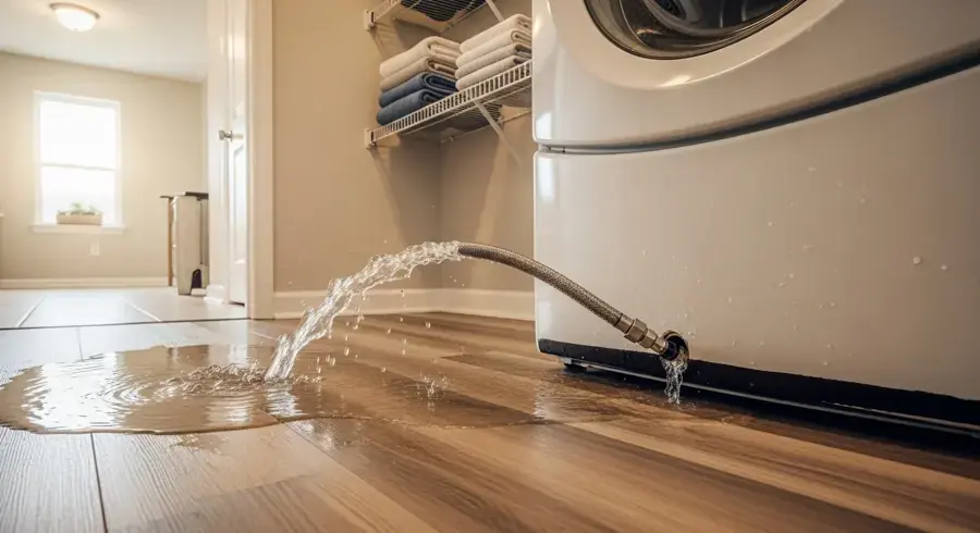 Water spraying from a washing machine supply hose onto a Rochester floor