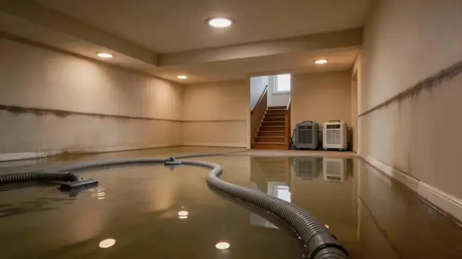 Standing water across a finished basement with an extraction hose in Rochester