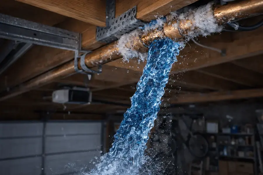 Water pouring from a burst pipe in a Rochester garage ceiling