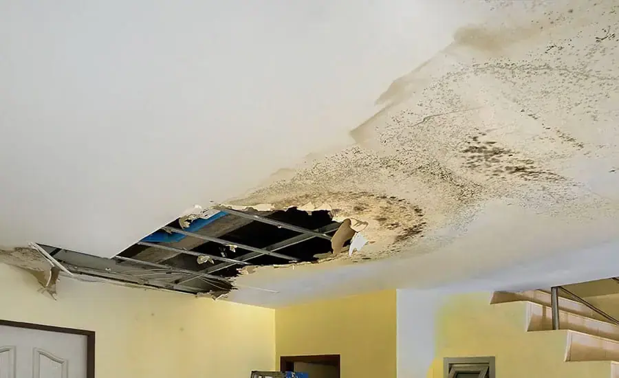 Water-damaged ceiling opened up after a leak above in a Rochester home