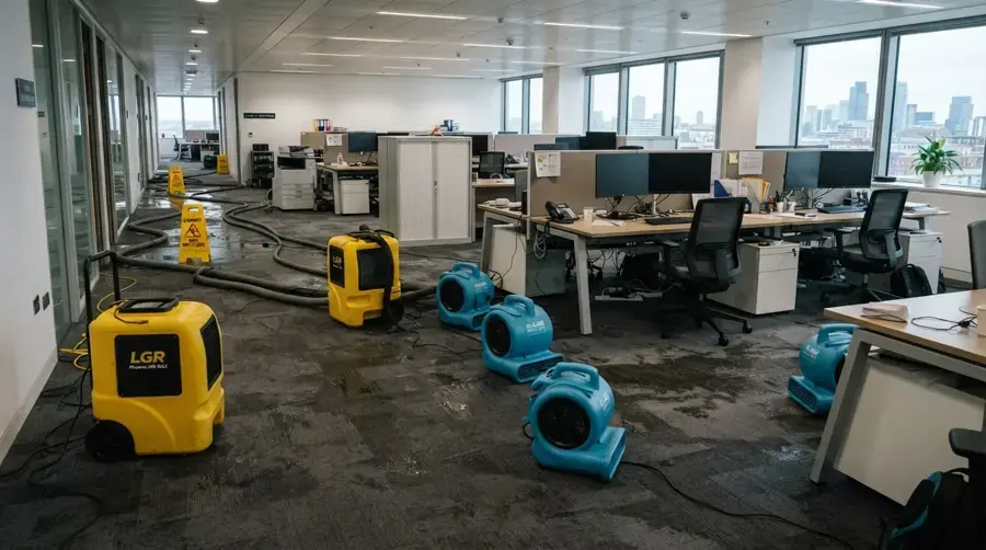 Air movers and dehumidifiers drying a wet office floor in Rochester