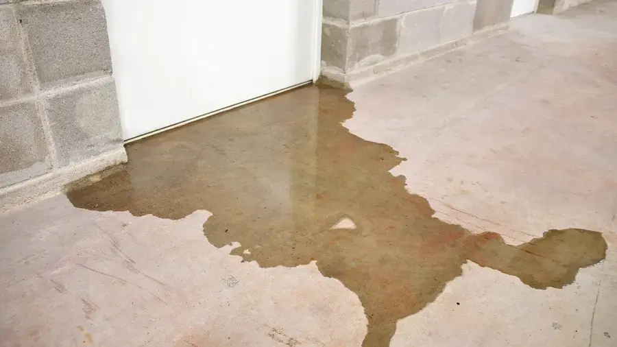 Snowmelt seepage spreading across a basement floor from a block wall in Rochester
