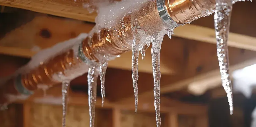 Frozen copper supply pipe with icicles in a cold Rochester basement ceiling