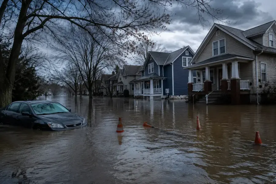 Floodwater filling a residential street of older homes in Rochester, MN