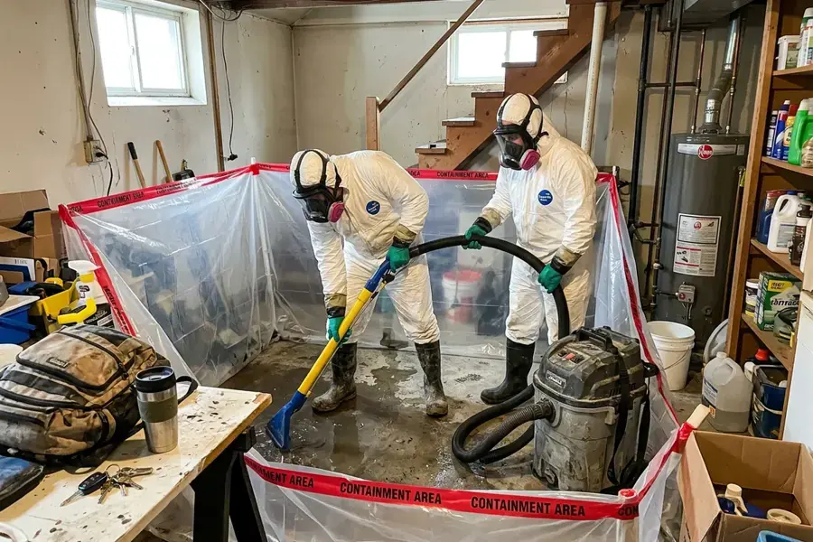 Sewer backup cleanup inside plastic containment in a Rochester basement