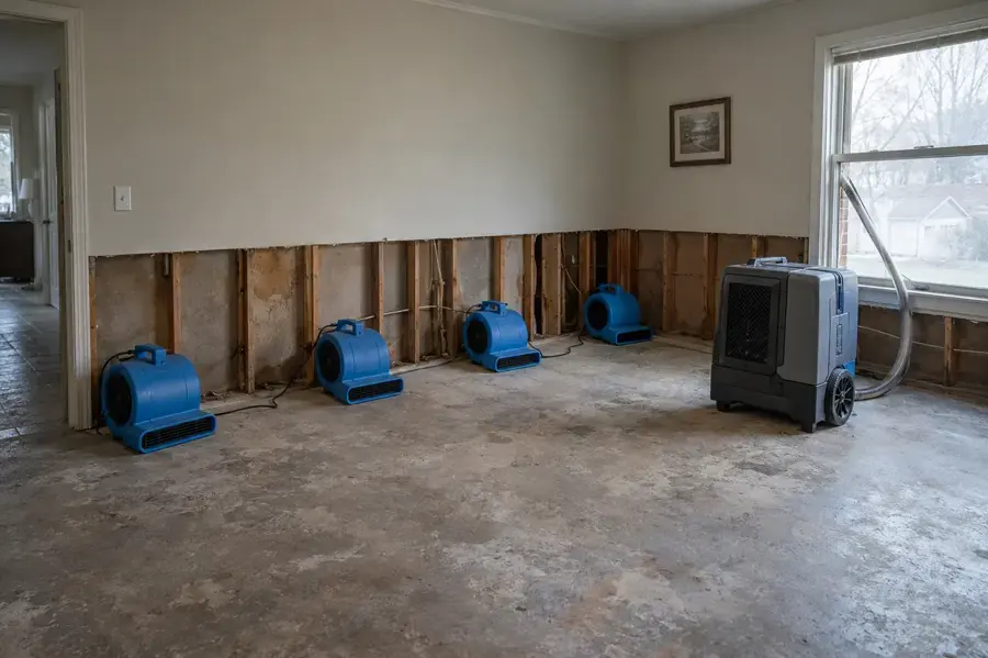 Air movers and an LGR dehumidifier drying a flood-cut room in Rochester, MN