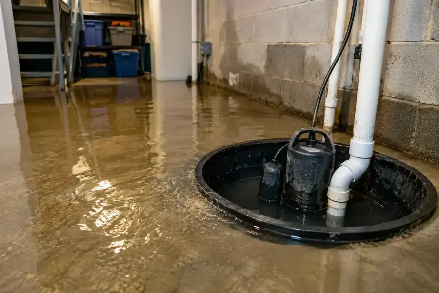 Basement flooded around an overwhelmed sump pump pit in Rochester, MN