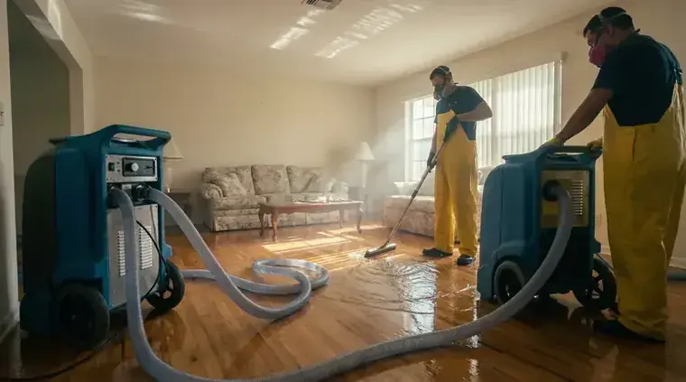 Two restoration techs extracting water from a hardwood living room floor in Rochester, MN