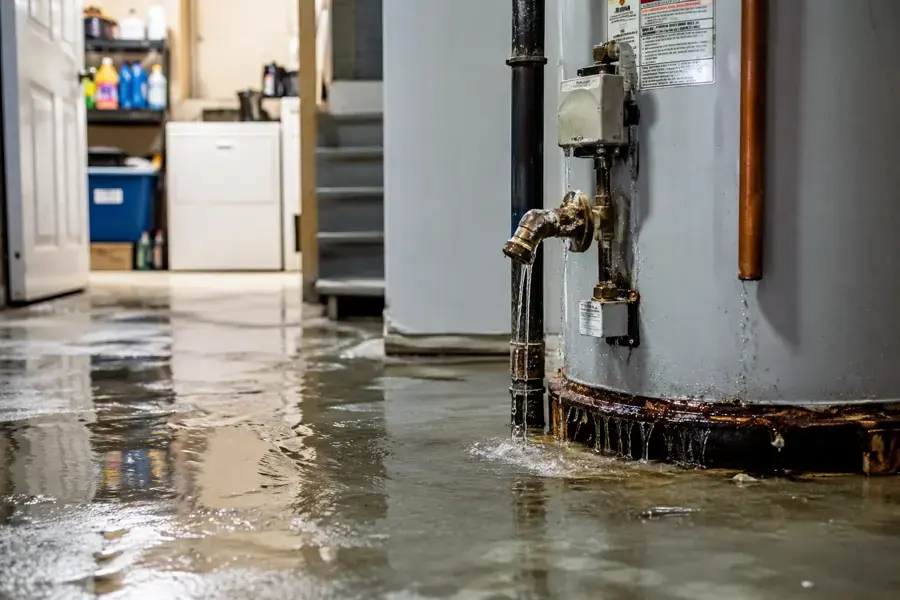 Leaking water heater flooding a basement utility room in Rochester